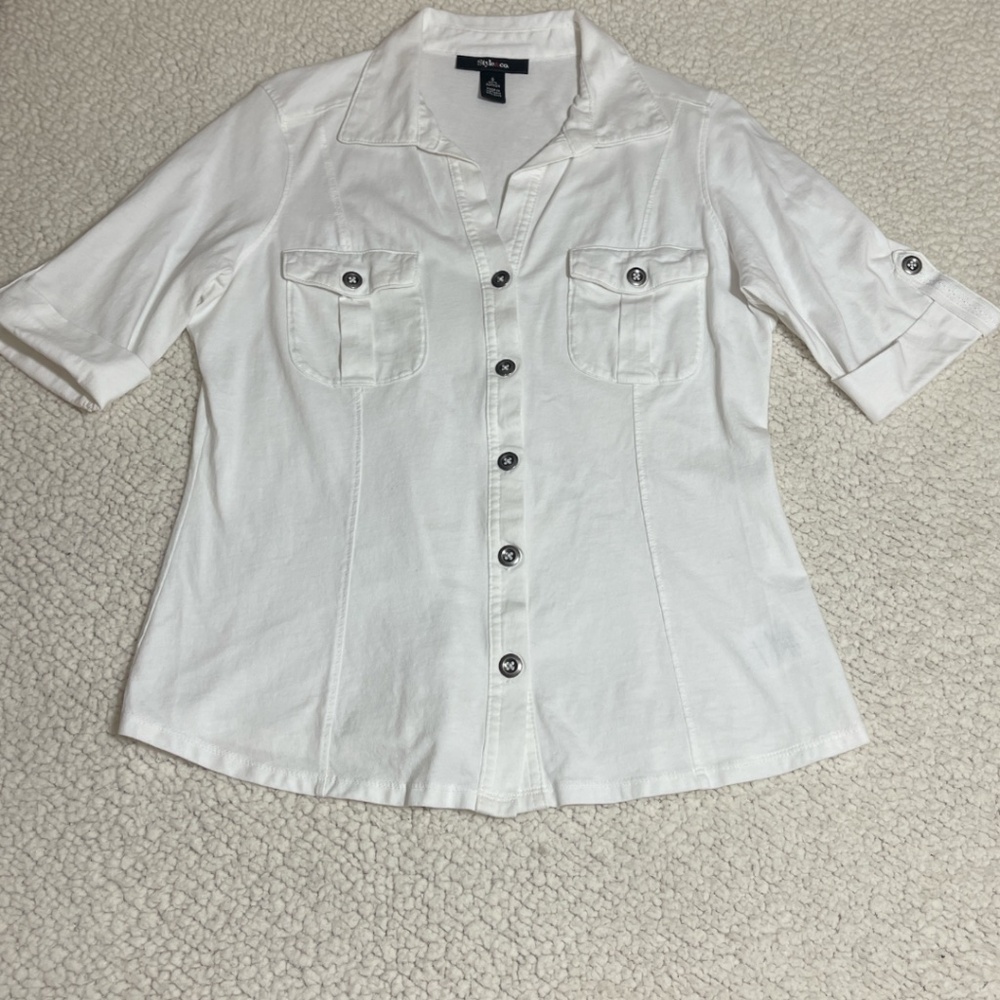 Style & Co. Women's White Cotton Utility Button Down Short Sleeve Shirt. Size S